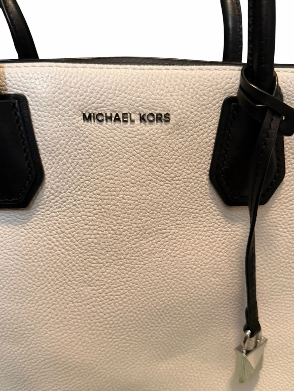 Michael Kors White & Black Mercer Leather Tote Bag